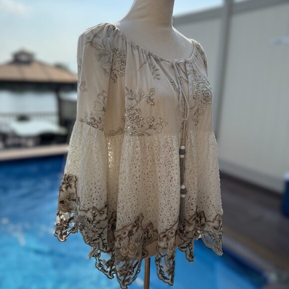 Nikki Danielle Boho Embordered Top Beige, Size Fits All - Picture 4 of 17